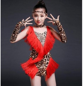Red leopard  tiger yellow and white and black zebra fringes printed patchwork girls kids children stage performance latin salsa samba dance dresses outfits